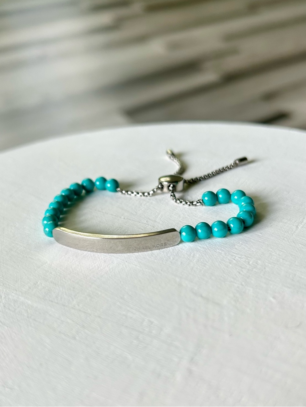 Michael Kors Adjustable Turquoise Bead Silver Logo Bar Bracelet